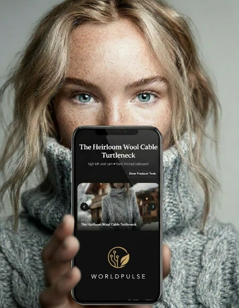 WorldPulse digital product passport experience — a hand-crafted sweater being authenticated on mobile